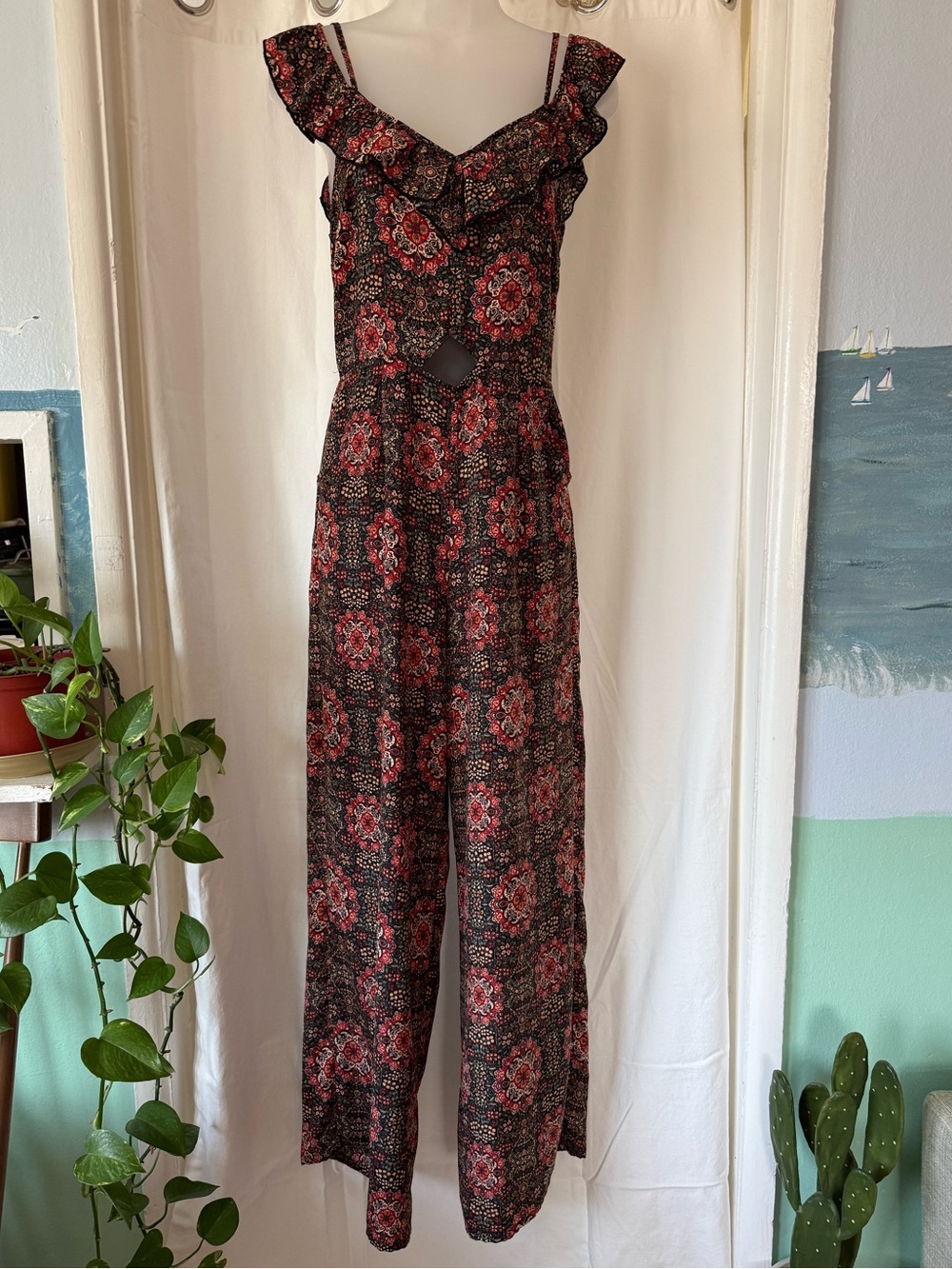 Xhileration Womens Medium Black Floral Wide-Leg Jumpsuit